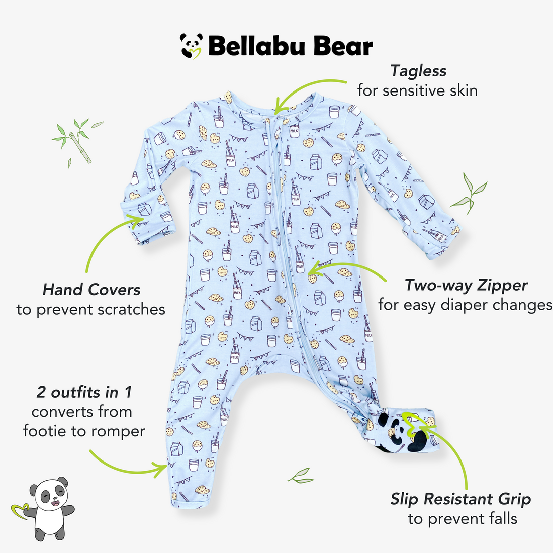 Milk & Cookies Blue Bamboo Convertible Footie