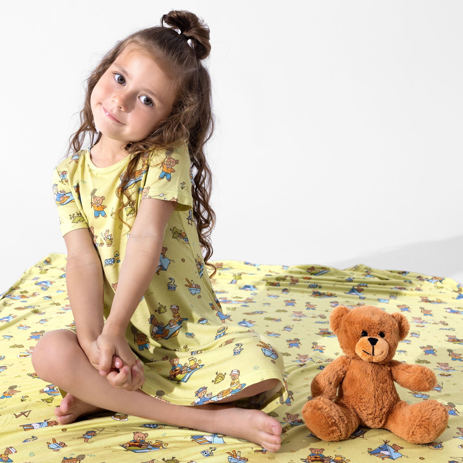 Teddy Bear Picnic Bamboo Girls' Short Sleeve Dress